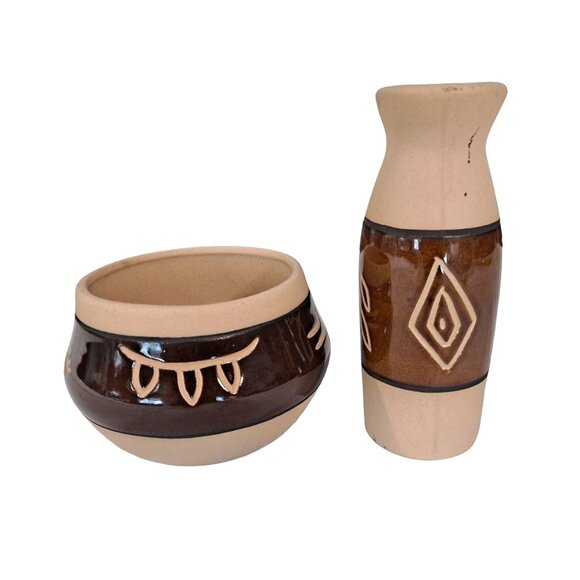 Vintage Saguaro Stoneware Studio Art Pottery Vase And Bowl Native American AZ - Picture 2 of 10